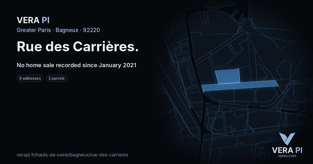 Rue des Carrières, Bagneux at night – every parcel coloured by the prices around it, the street's own parcels lit