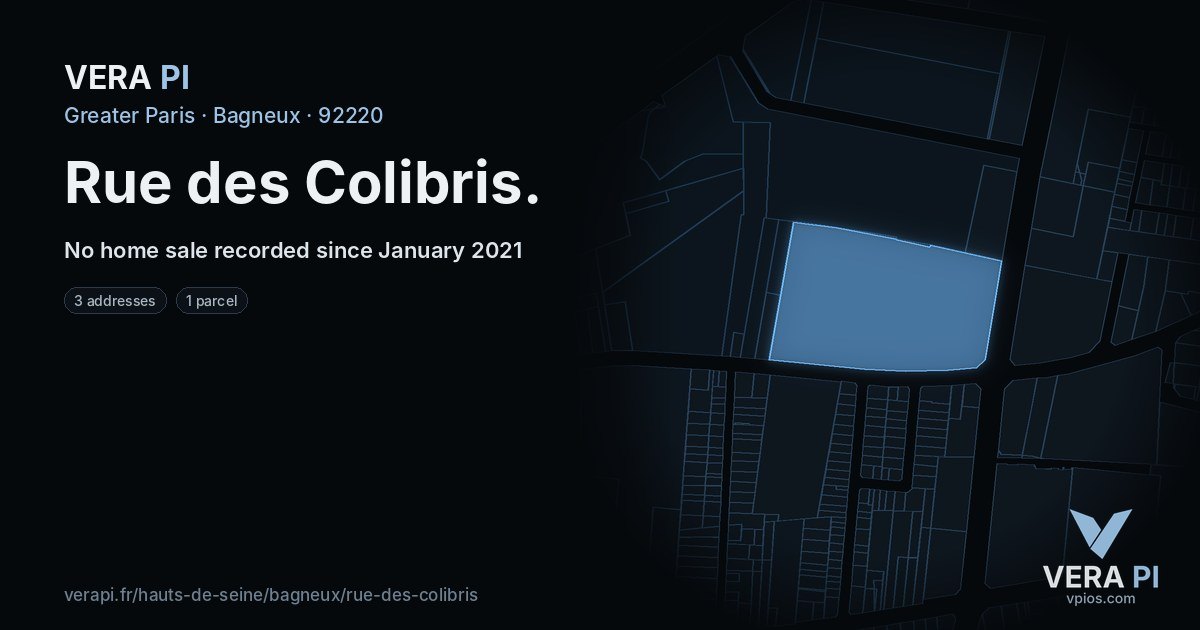 Rue des Colibris, Bagneux at night – every parcel coloured by the prices around it, the street's own parcels lit