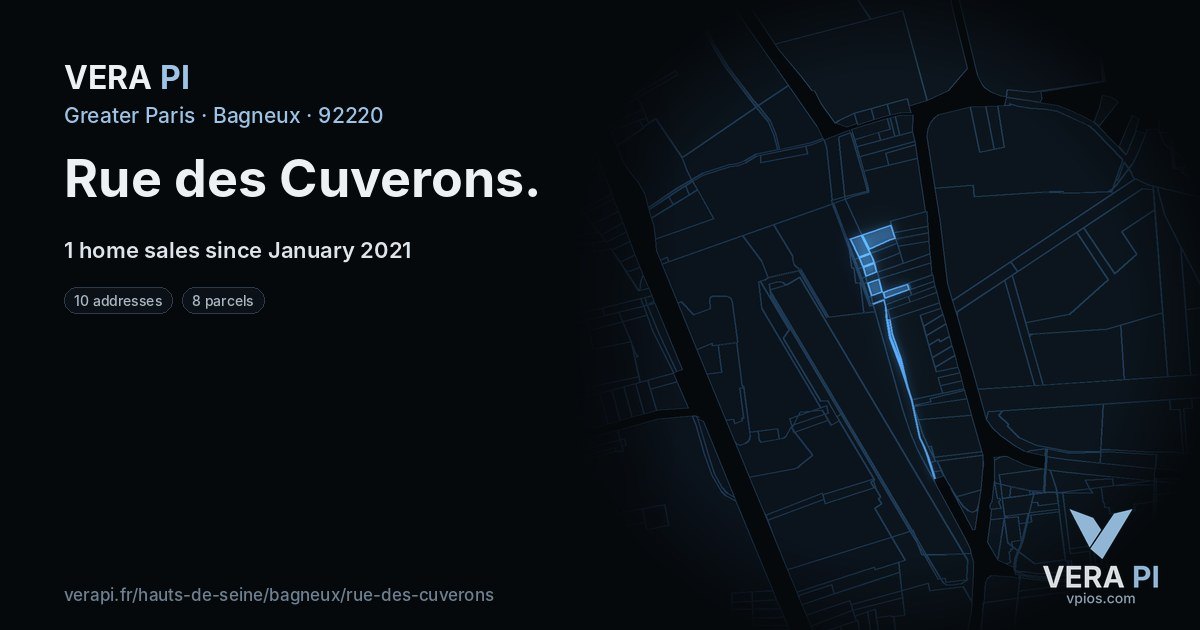 Rue des Cuverons, Bagneux at night – every parcel coloured by the prices around it, the street's own parcels lit