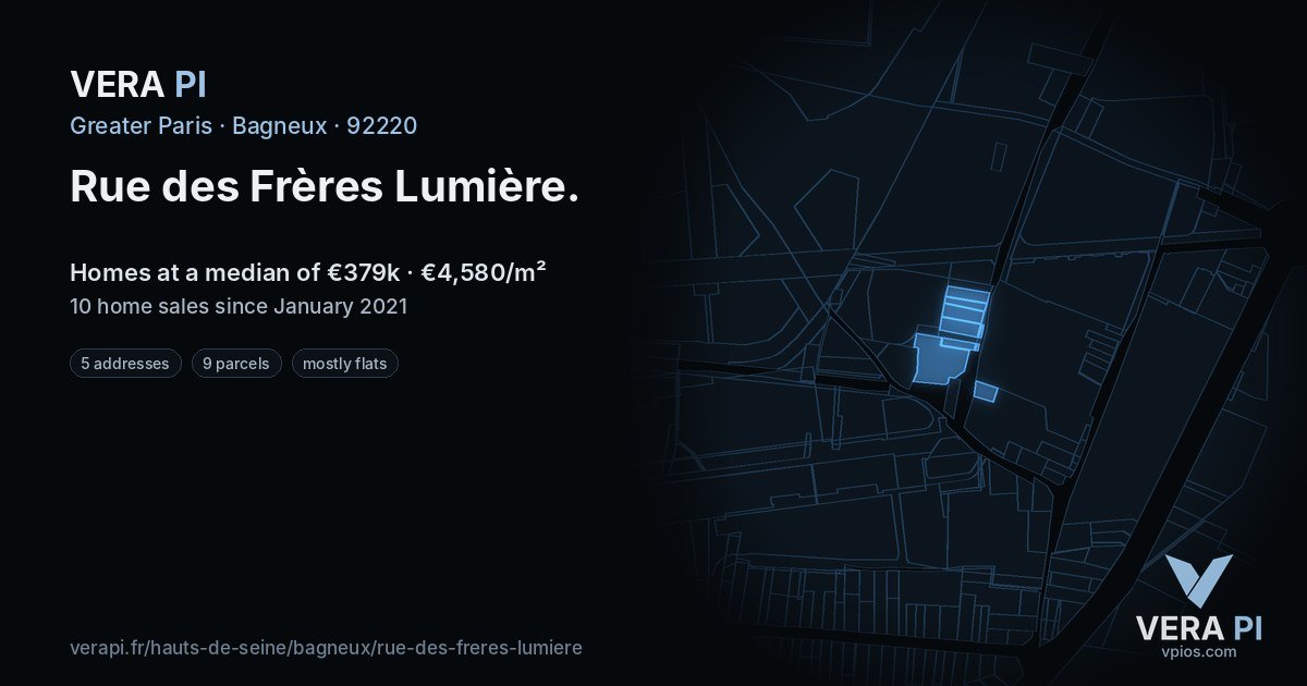 Rue des Frères Lumière, Bagneux at night – every parcel coloured by the prices around it, the street's own parcels lit