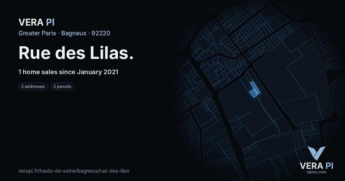 Rue des Lilas, Bagneux at night – every parcel coloured by the prices around it, the street's own parcels lit