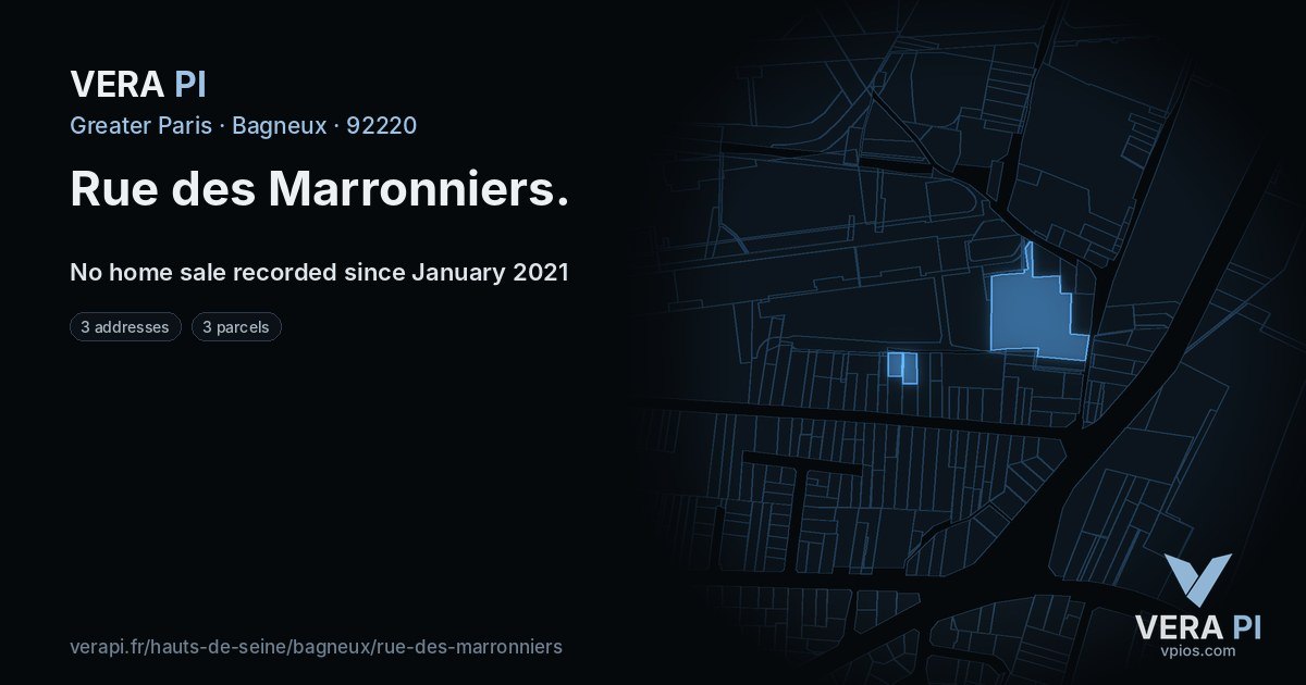 Rue des Marronniers, Bagneux at night – every parcel coloured by the prices around it, the street's own parcels lit