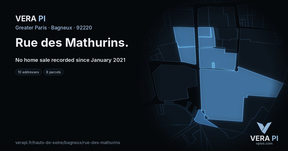 Rue des Mathurins, Bagneux at night – every parcel coloured by the prices around it, the street's own parcels lit