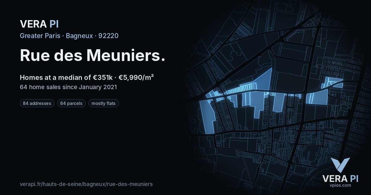Rue des Meuniers, Bagneux at night – every parcel coloured by the prices around it, the street's own parcels lit