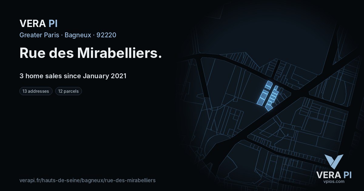 Rue des Mirabelliers, Bagneux at night – every parcel coloured by the prices around it, the street's own parcels lit
