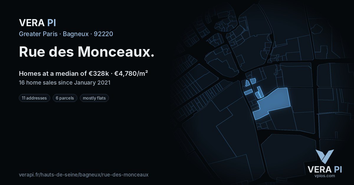 Rue des Monceaux, Bagneux at night – every parcel coloured by the prices around it, the street's own parcels lit
