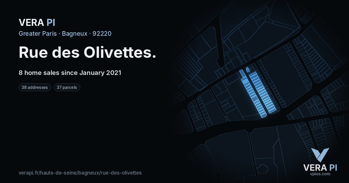 Rue des Olivettes, Bagneux at night – every parcel coloured by the prices around it, the street's own parcels lit