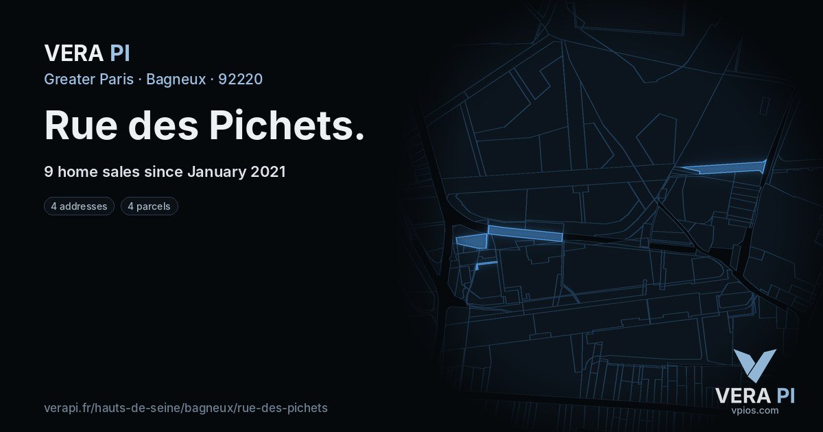 Rue des Pichets, Bagneux at night – every parcel coloured by the prices around it, the street's own parcels lit