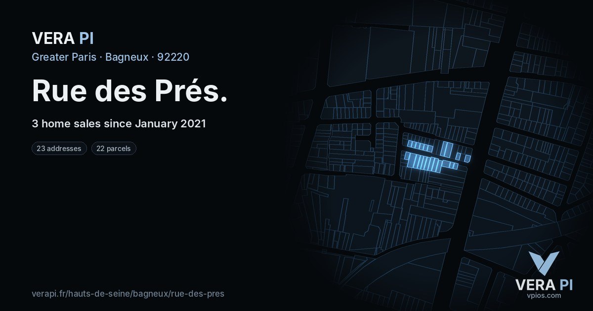 Rue des Prés, Bagneux at night – every parcel coloured by the prices around it, the street's own parcels lit
