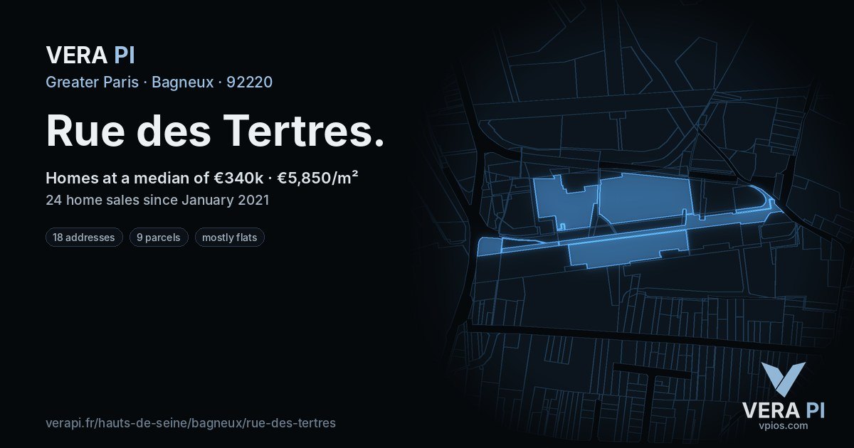 Rue des Tertres, Bagneux at night – every parcel coloured by the prices around it, the street's own parcels lit