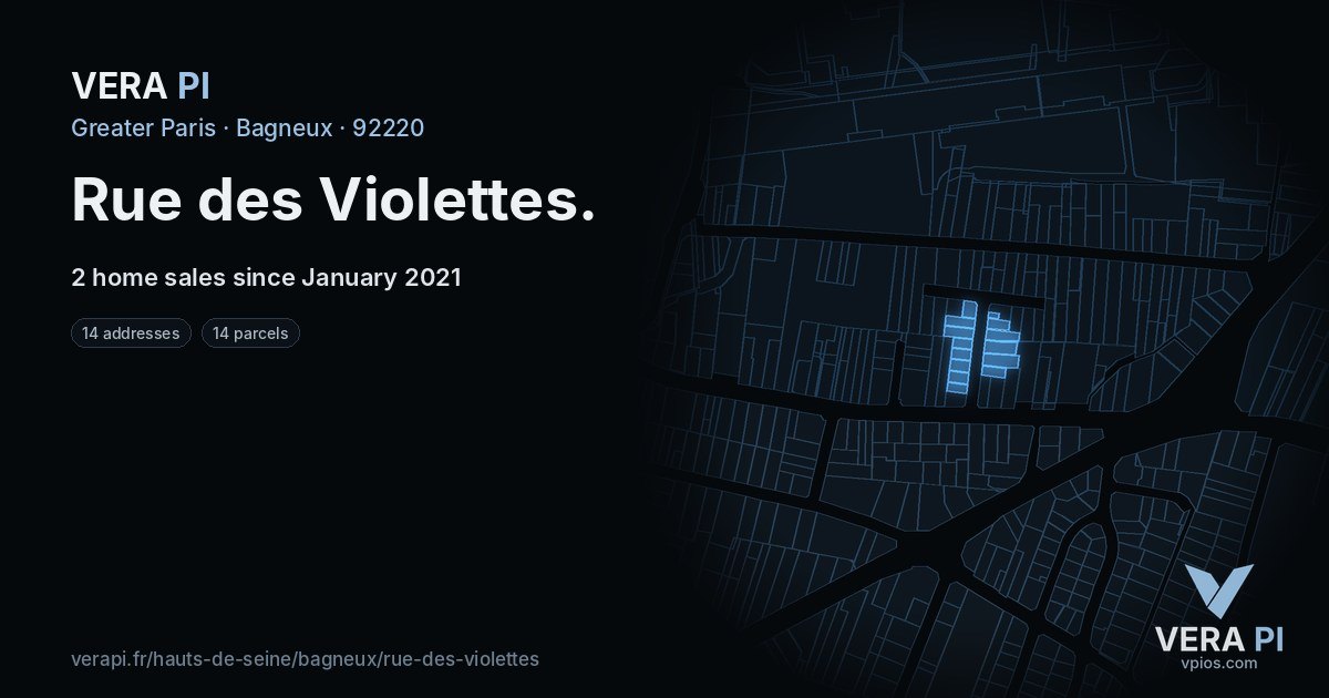 Rue des Violettes, Bagneux at night – every parcel coloured by the prices around it, the street's own parcels lit