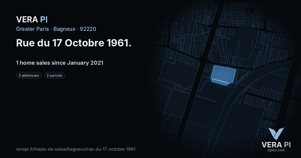 Rue du 17 Octobre 1961, Bagneux at night – every parcel coloured by the prices around it, the street's own parcels lit