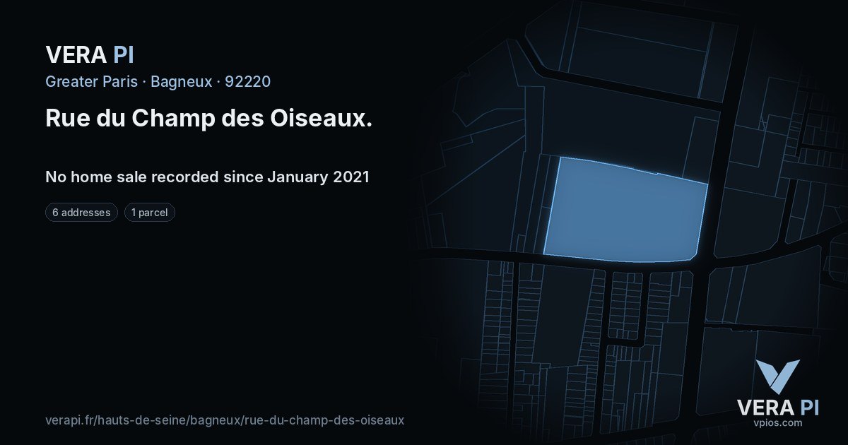 Rue du Champ des Oiseaux, Bagneux at night – every parcel coloured by the prices around it, the street's own parcels lit