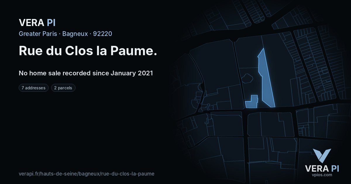 Rue du Clos la Paume, Bagneux at night – every parcel coloured by the prices around it, the street's own parcels lit