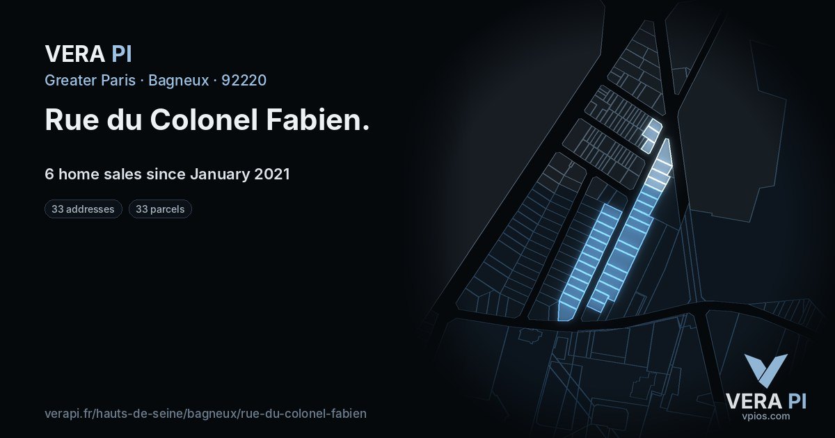 Rue du Colonel Fabien, Bagneux at night – every parcel coloured by the prices around it, the street's own parcels lit