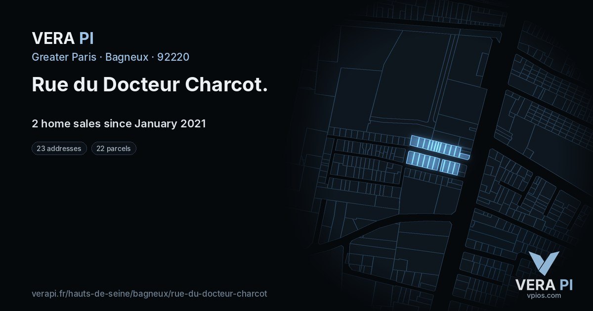 Rue du Docteur Charcot, Bagneux at night – every parcel coloured by the prices around it, the street's own parcels lit