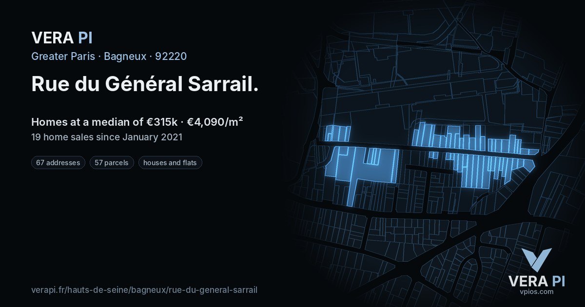 Rue du Général Sarrail, Bagneux at night – every parcel coloured by the prices around it, the street's own parcels lit
