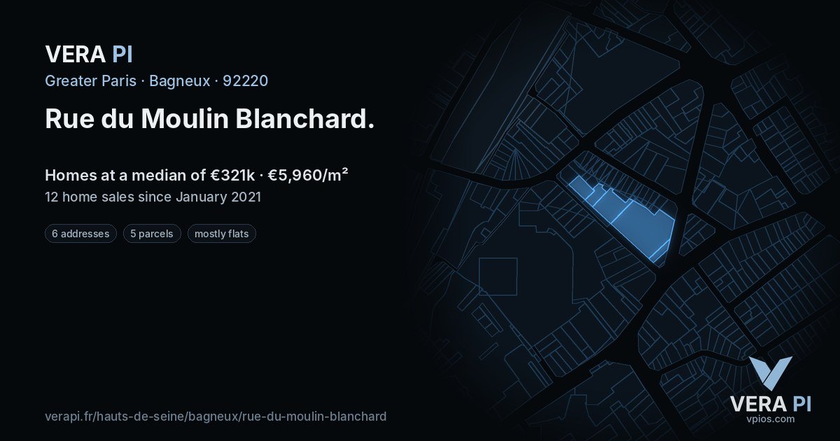 Rue du Moulin Blanchard, Bagneux at night – every parcel coloured by the prices around it, the street's own parcels lit