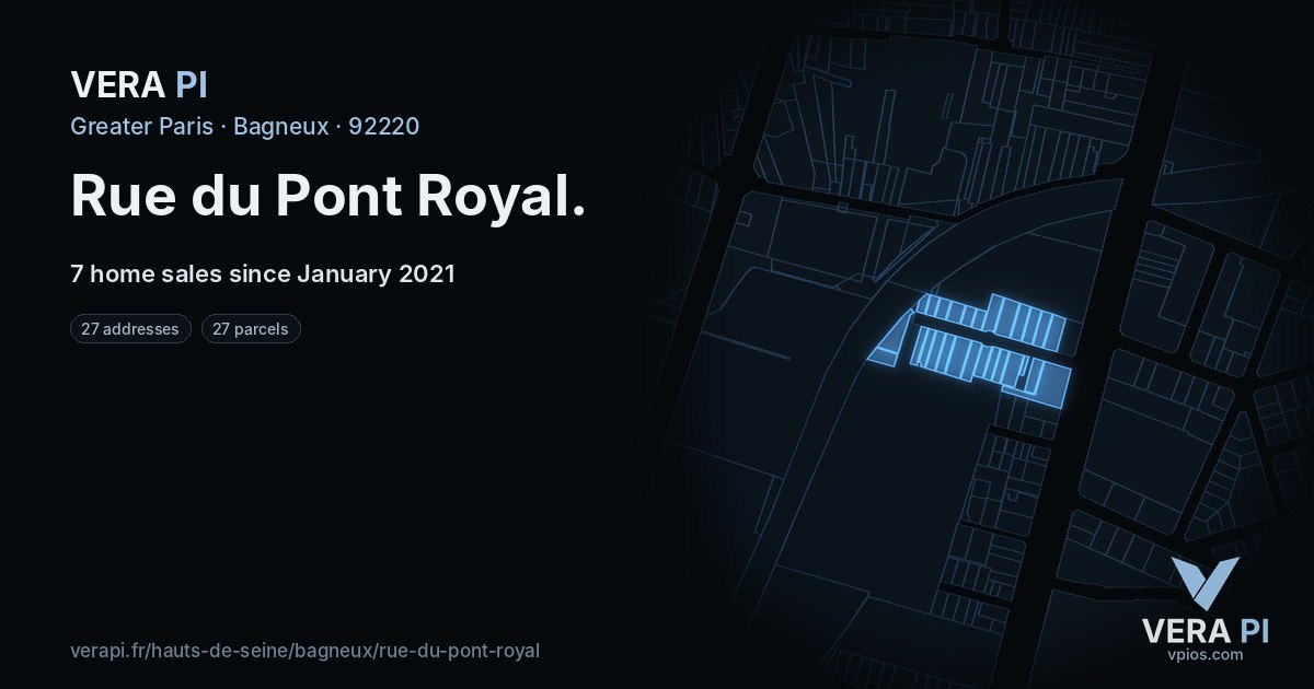 Rue du Pont Royal, Bagneux at night – every parcel coloured by the prices around it, the street's own parcels lit