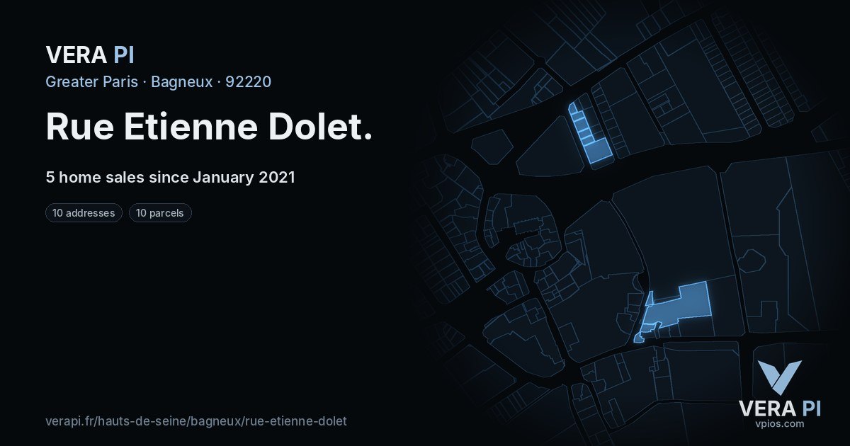 Rue Etienne Dolet, Bagneux at night – every parcel coloured by the prices around it, the street's own parcels lit