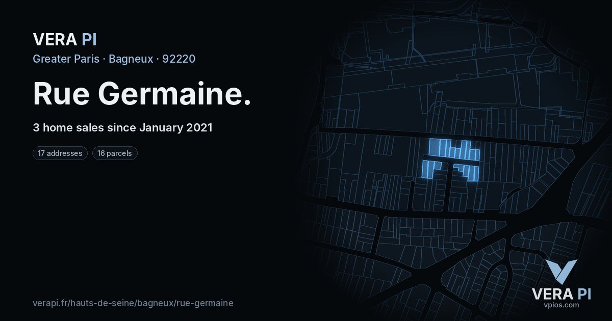 Rue Germaine, Bagneux at night – every parcel coloured by the prices around it, the street's own parcels lit