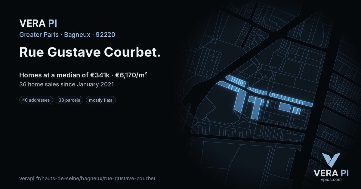 Rue Gustave Courbet, Bagneux at night – every parcel coloured by the prices around it, the street's own parcels lit
