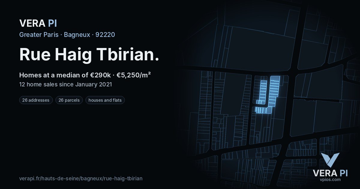 Rue Haig Tbirian, Bagneux at night – every parcel coloured by the prices around it, the street's own parcels lit