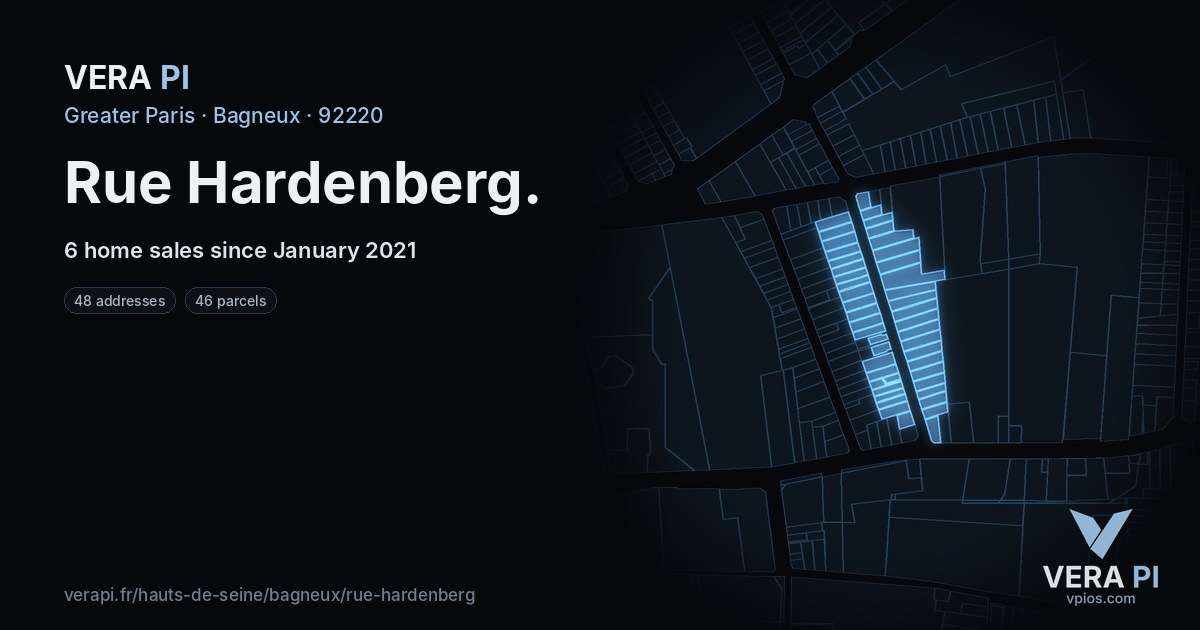 Rue Hardenberg, Bagneux at night – every parcel coloured by the prices around it, the street's own parcels lit