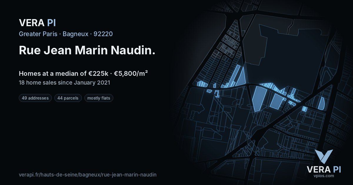 Rue Jean Marin Naudin, Bagneux at night – every parcel coloured by the prices around it, the street's own parcels lit
