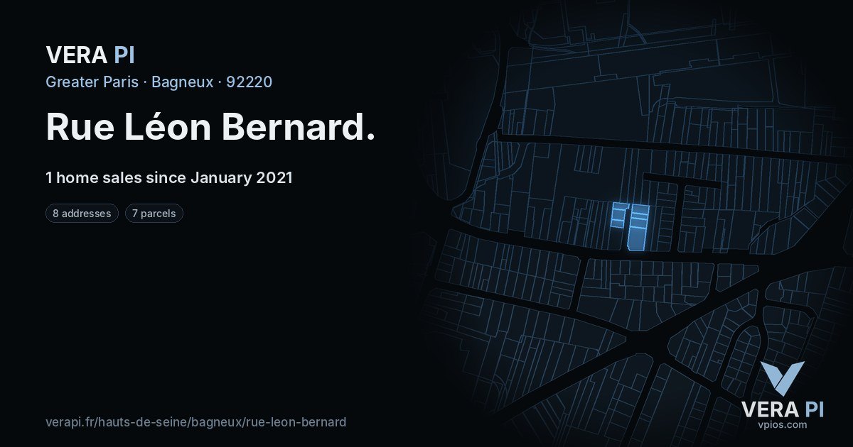 Rue Léon Bernard, Bagneux at night – every parcel coloured by the prices around it, the street's own parcels lit