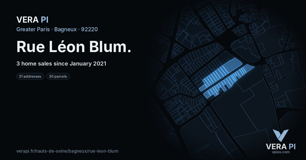 Rue Léon Blum, Bagneux at night – every parcel coloured by the prices around it, the street's own parcels lit