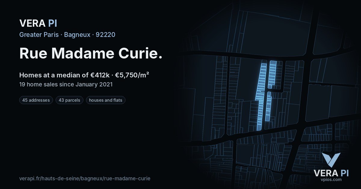Rue Madame Curie, Bagneux at night – every parcel coloured by the prices around it, the street's own parcels lit