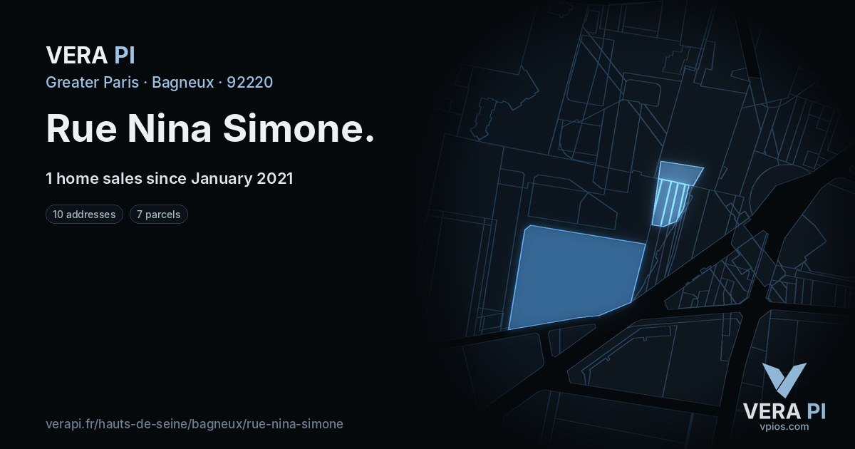 Rue Nina Simone, Bagneux at night – every parcel coloured by the prices around it, the street's own parcels lit