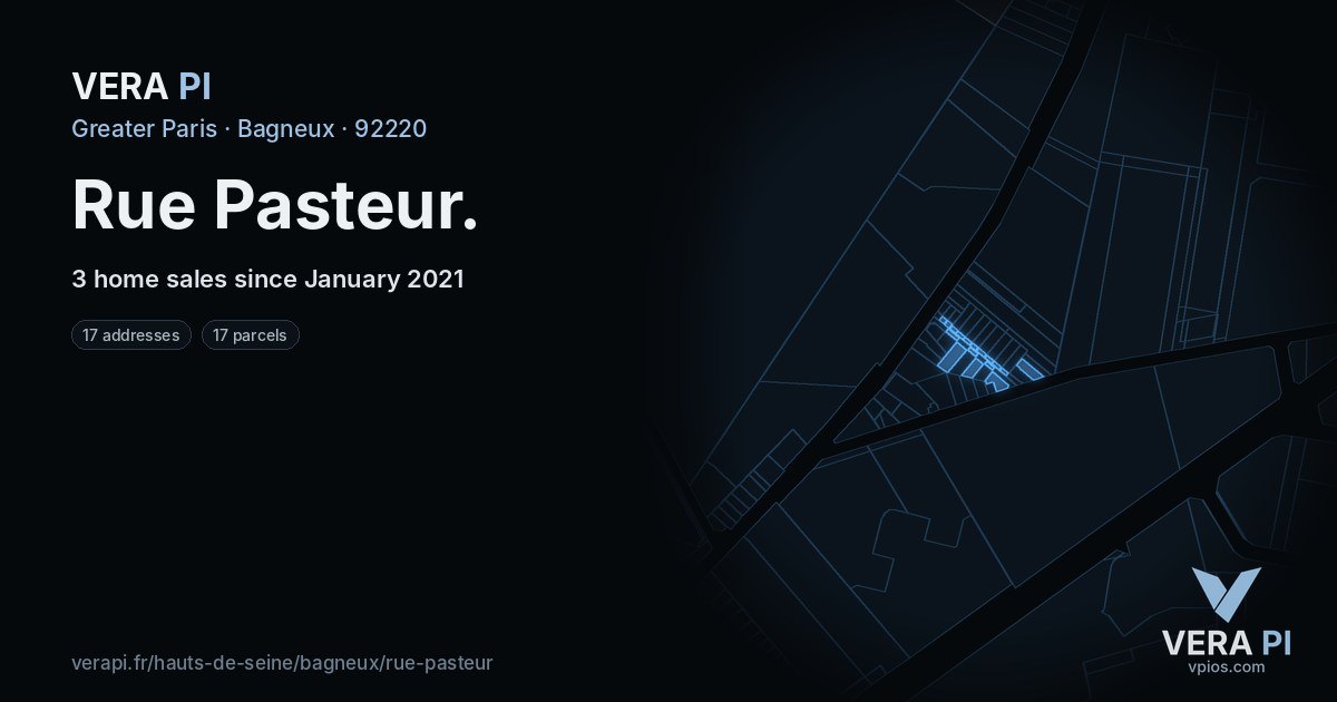 Rue Pasteur, Bagneux at night – every parcel coloured by the prices around it, the street's own parcels lit
