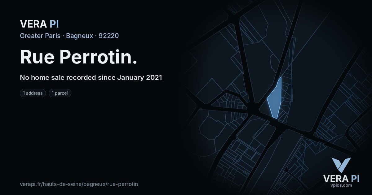Rue Perrotin, Bagneux at night – every parcel coloured by the prices around it, the street's own parcels lit