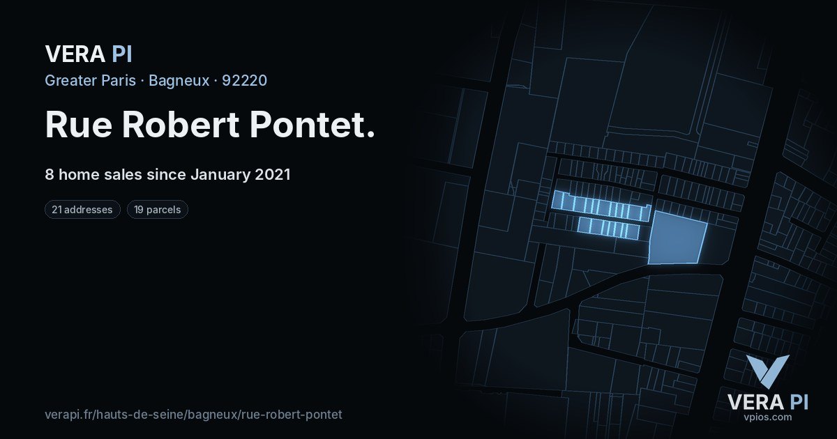 Rue Robert Pontet, Bagneux at night – every parcel coloured by the prices around it, the street's own parcels lit