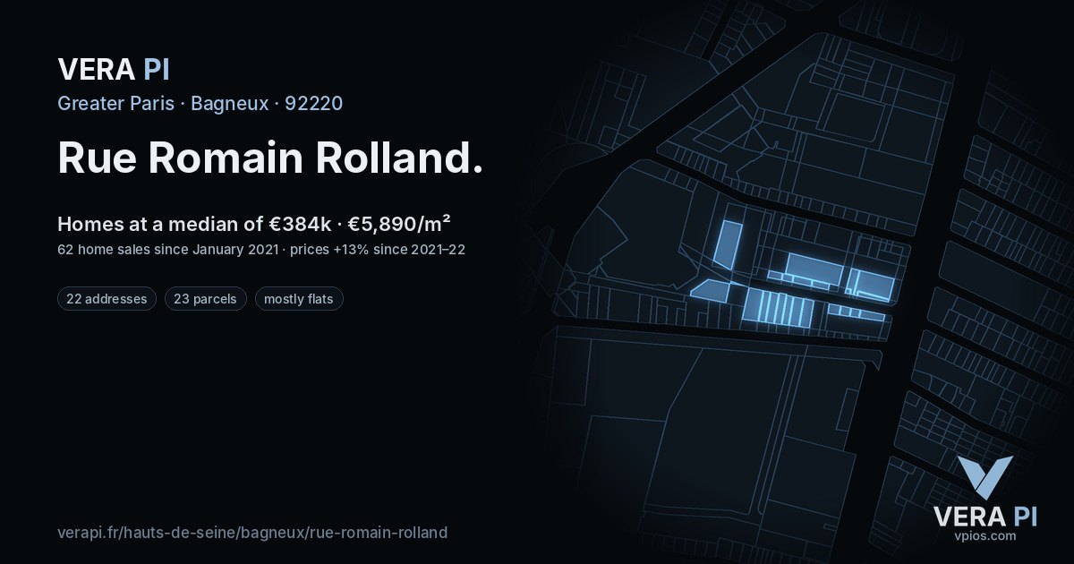 Rue Romain Rolland, Bagneux at night – every parcel coloured by the prices around it, the street's own parcels lit