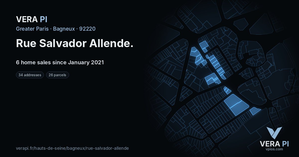Rue Salvador Allende, Bagneux at night – every parcel coloured by the prices around it, the street's own parcels lit
