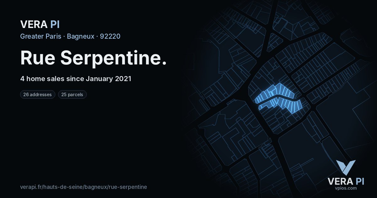 Rue Serpentine, Bagneux at night – every parcel coloured by the prices around it, the street's own parcels lit