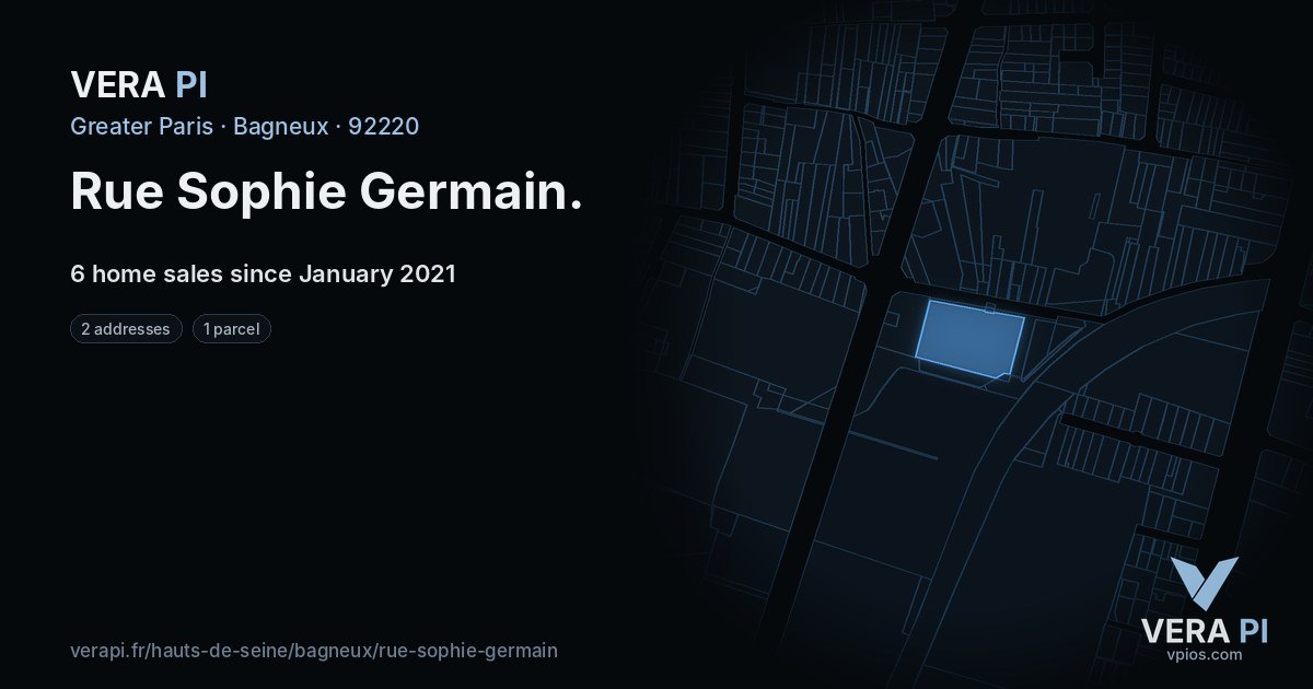 Rue Sophie Germain, Bagneux at night – every parcel coloured by the prices around it, the street's own parcels lit