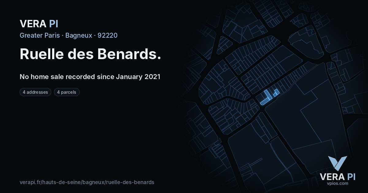 Ruelle des Benards, Bagneux at night – every parcel coloured by the prices around it, the street's own parcels lit