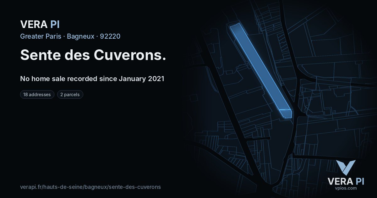 Sente des Cuverons, Bagneux at night – every parcel coloured by the prices around it, the street's own parcels lit