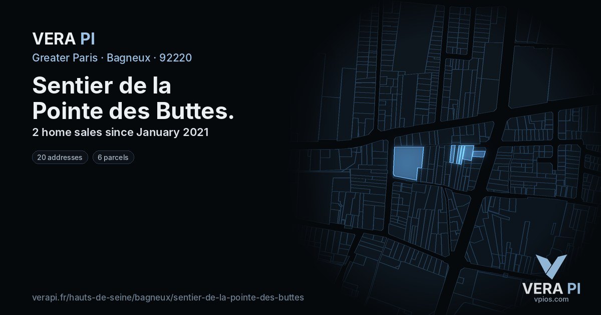 Sentier de la Pointe des Buttes, Bagneux at night – every parcel coloured by the prices around it, the street's own parcels lit