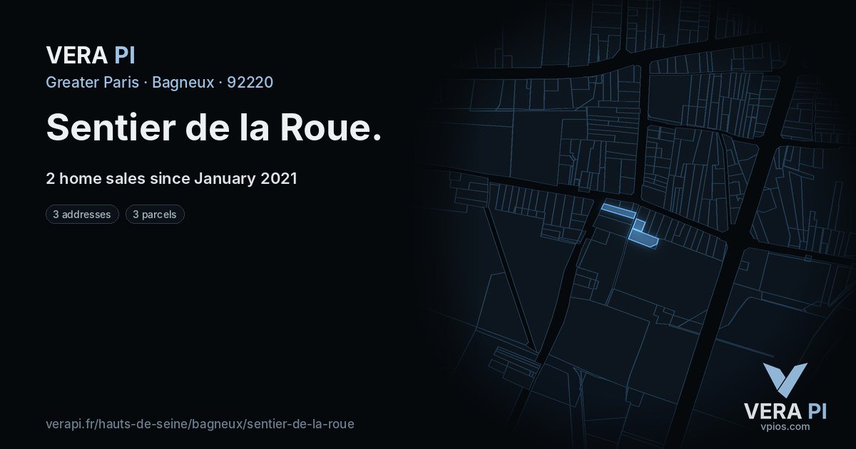 Sentier de la Roue, Bagneux at night – every parcel coloured by the prices around it, the street's own parcels lit