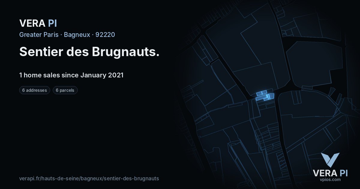 Sentier des Brugnauts, Bagneux at night – every parcel coloured by the prices around it, the street's own parcels lit