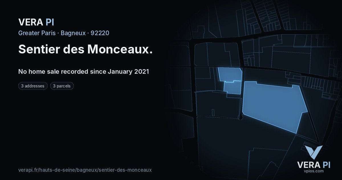 Sentier des Monceaux, Bagneux at night – every parcel coloured by the prices around it, the street's own parcels lit