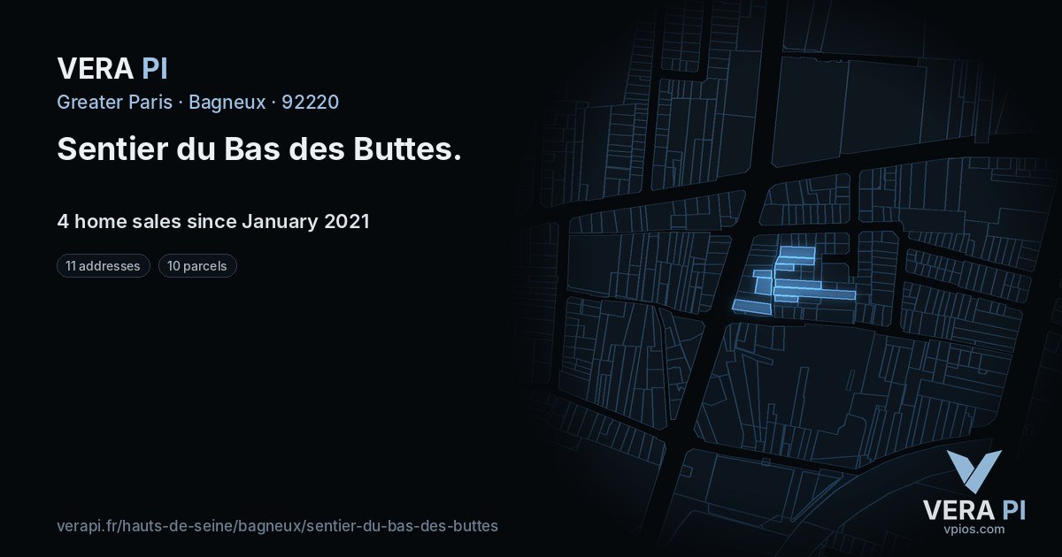 Sentier du Bas des Buttes, Bagneux at night – every parcel coloured by the prices around it, the street's own parcels lit