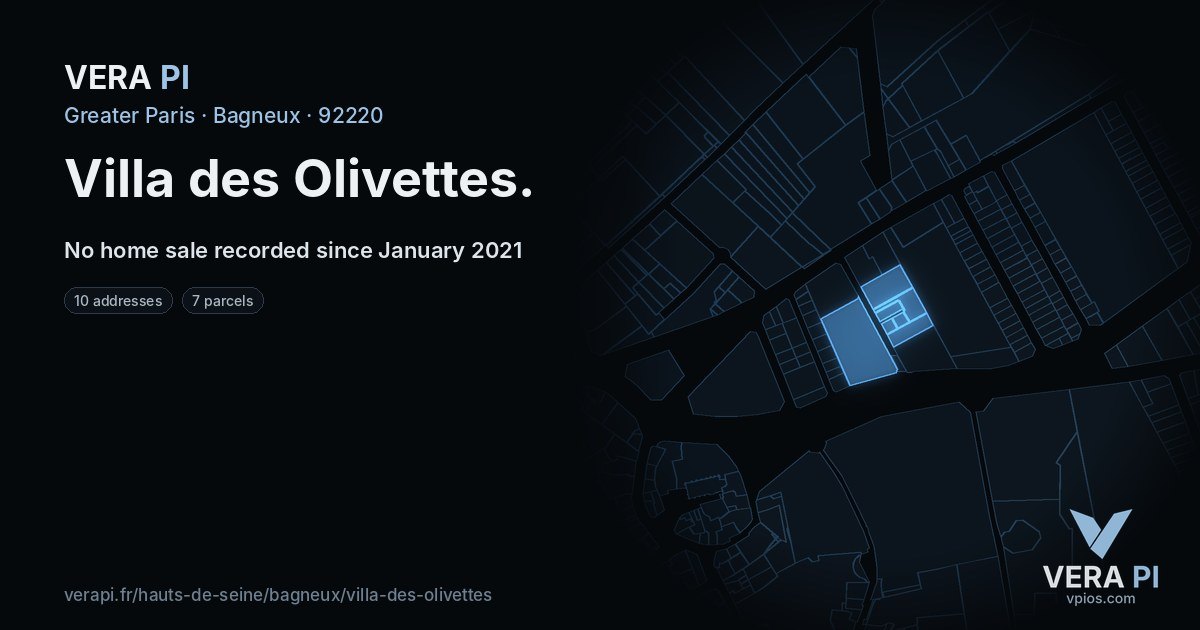 Villa des Olivettes, Bagneux at night – every parcel coloured by the prices around it, the street's own parcels lit