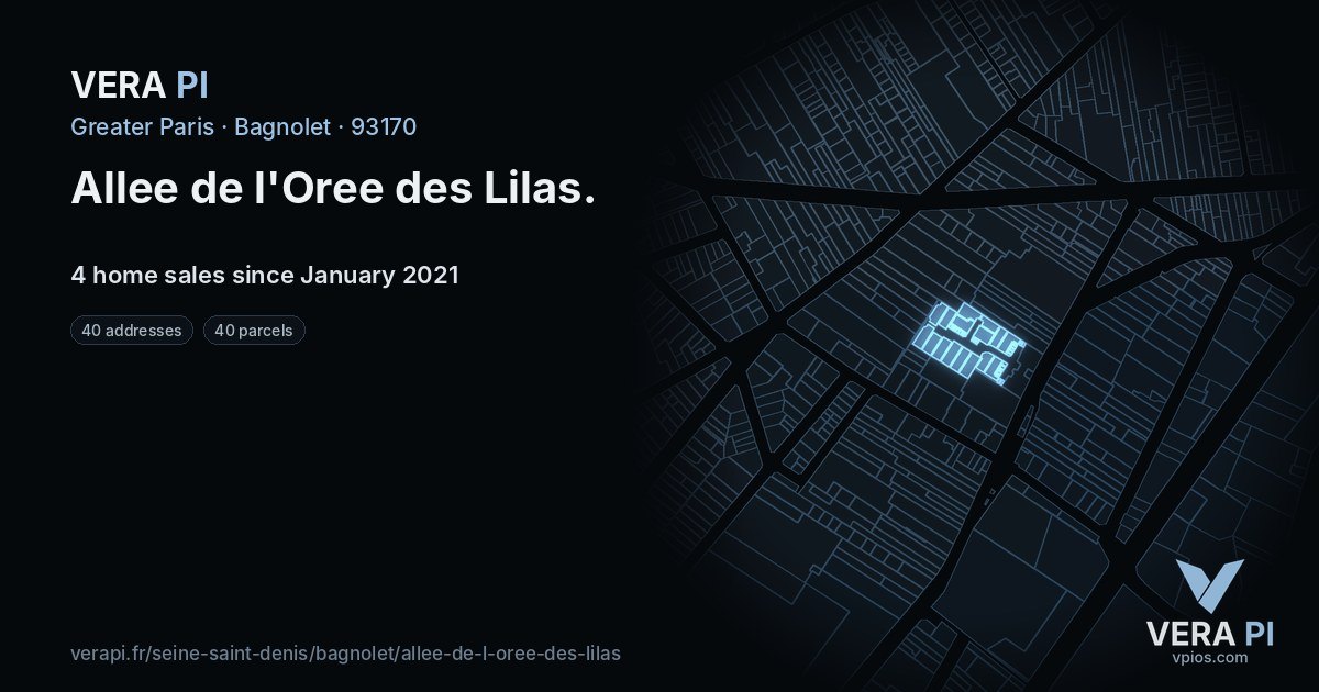 Allee de l'Oree des Lilas, Bagnolet at night – every parcel coloured by the prices around it, the street's own parcels lit