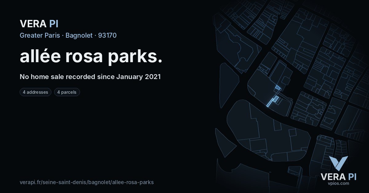 allée rosa parks, Bagnolet at night – every parcel coloured by the prices around it, the street's own parcels lit